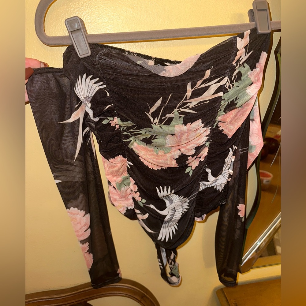NWT PrettyLittleThing black printed mesh ruched bodysuit